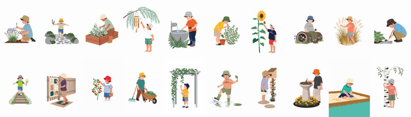 Illustrations of children exploring nature and gardening, featuring various outdoor activities like planting, watering, observing insects, and playing in the garden.