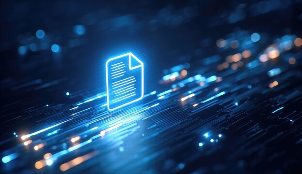 Digital document icon glows amidst abstract streaks of blue and orange light