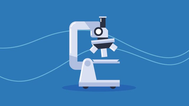 Animation of laboratory microscope icon with flowing light lines on blue background for science research and discovery.