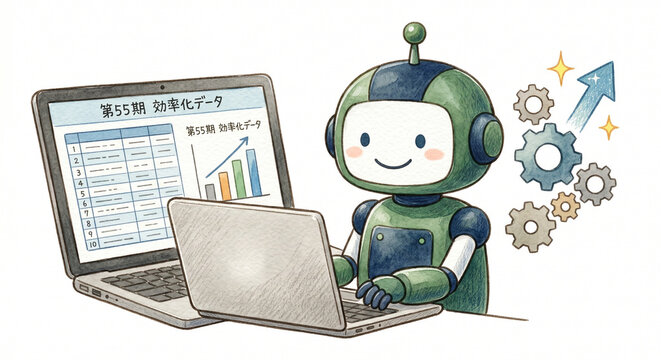 【背景白】第55期 業務効率化・RPAロボットの手描き水彩イラストアイコン（データ集計・自動化）