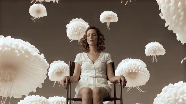 Woman in chair with surreal cloud forms overhead