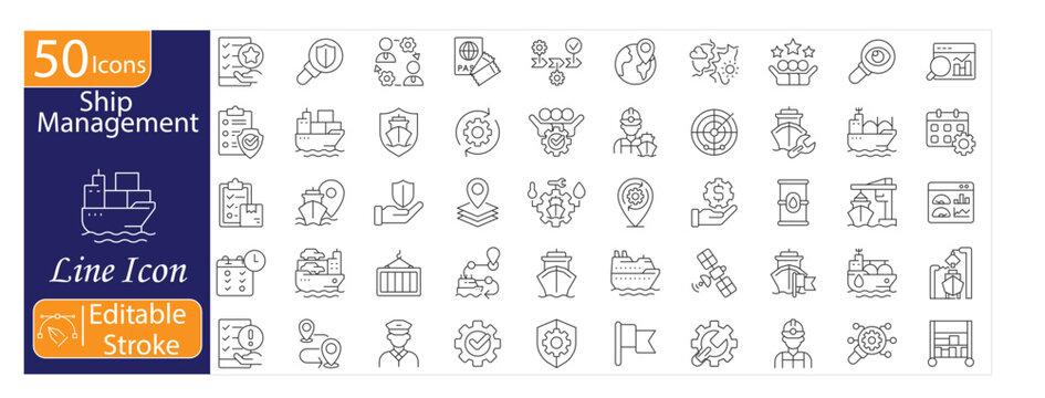 Ship Management Icons Set, Maritime Operations, Vessel Control, Fleet Management, Shipping Logistics, Navigation, Marine Transport, Editable Stroke Vector Illustration.