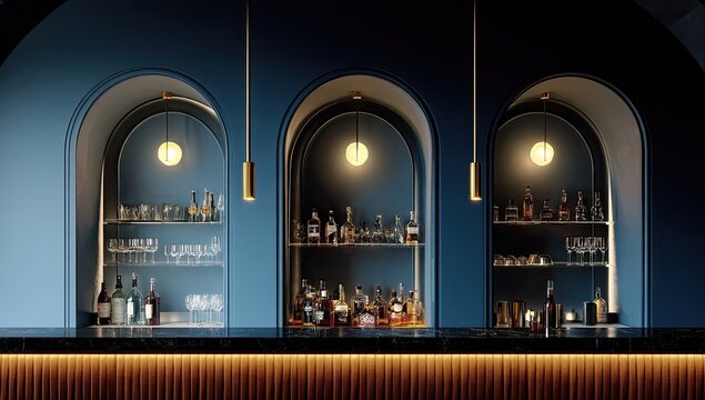 Modern bar interior with illuminated shelves and an array of bottles