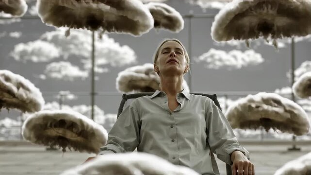 Woman in chair with surreal cloud forms overhead