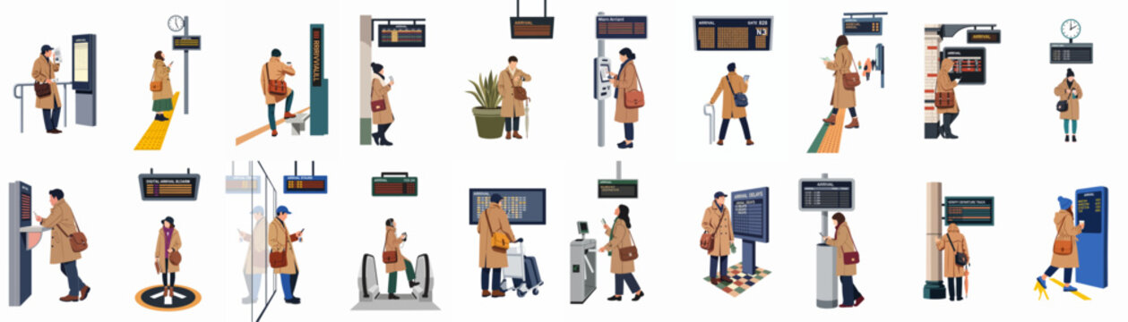 Large set of diverse flat characters checking flight schedules and waiting at arrival gates in an airport or train station terminal.