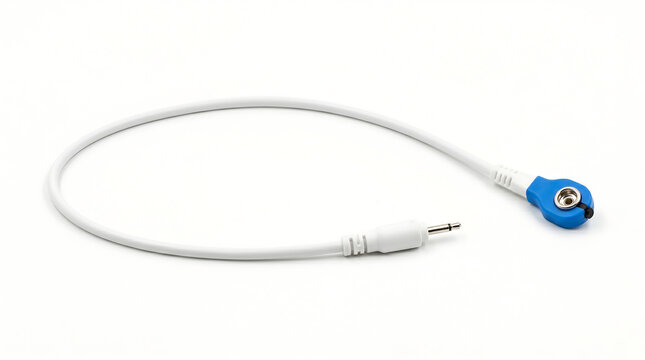 White medical sensor cable with 3.5mm jack and blue snap connector for biometric monitoring devices, isolated on a clean white background, showcasing its design