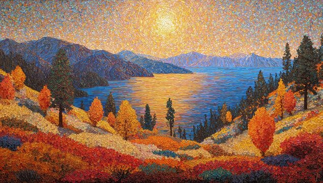 Vibrant pointillist landscape of a lake at sunset with autumn foliage