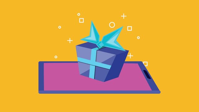 Smartphone displays a gift box with a teal ribbon on an orange background, dynamic motion for online shopping and rewards concept.