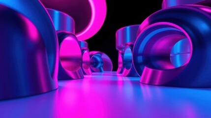 Fototapeta premium Abstract tunnel, vibrant pinks, blues create futuristic space. Smooth curves, glossy surfaces dominate composition. Dramatic lighting enhances depth.