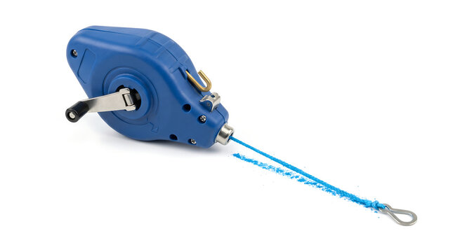 Blue chalk line reel with a metal crank and attached string for marking lines on surfaces
