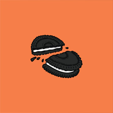 Broken Chocolate Sandwich Cookies With Cream Filling On Orange Background, Snack Illustration, Dessert Graphic