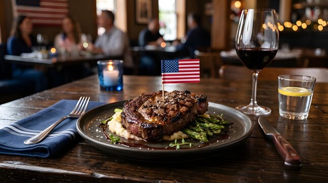 Grilled steak with mashed potatoes and broccolini on a plate with American flag toothpick in a restaurant