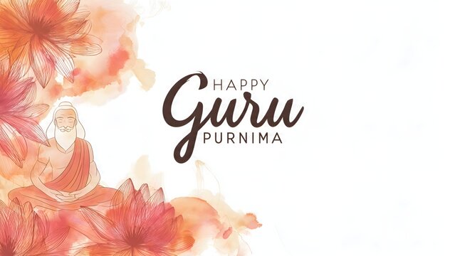 Happy Guru Purnima greeting card with meditating sage and lotus flowers