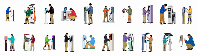 Collection of flat vector illustrations depicting various people and technicians interacting with electric vehicle charging stations and digital kiosks. © Juan