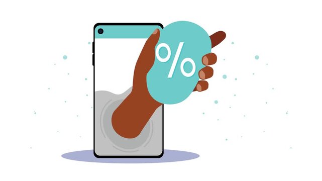 Animated hand holding percent sign coming out of smartphone screen for mobile marketing and retail discounts.
