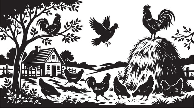 Farm, rural, black and white, vector illustration, chickens, roosters, countryside scene, haystack, farmhouse