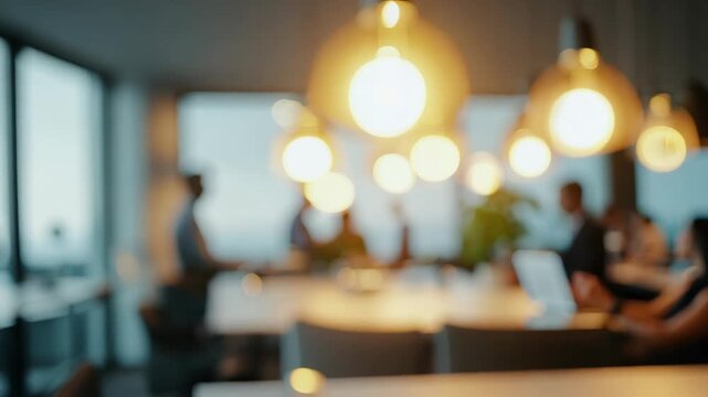 Modern office interior with blurred figures working at tables under warm pendant lights, showcasing a collaborative workspace atmosphere with large windows