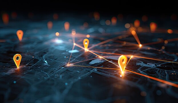 Abstract network of glowing location pins connected by light lines on a dark map