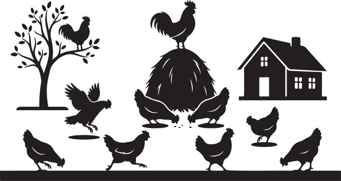 Farm animals, chickens, rooster, rural landscape, silhouette icons, vector graphics