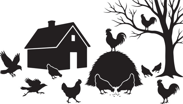Farm animal silhouettes, black farm icons, rural landscape vector, chicken and house illustrations