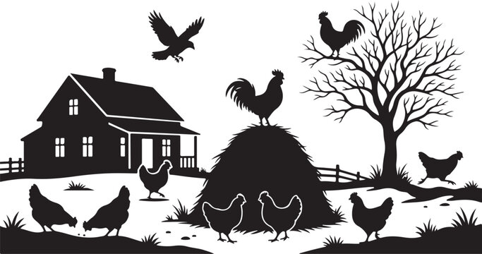 Farm animals, rural landscape, black silhouette, vector illustration, farmhouse, chickens, roosters