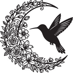 Fototapeta premium Black hummingbird, floral wreath, vector illustration, decorative bird, botanical design