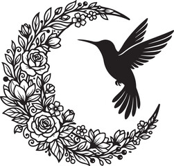 Fototapeta premium Black hummingbird, floral wreath, vector illustration, tattoo design, bird and flowers