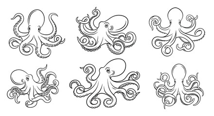 octopus illustrations in black and white line art style high quality © Ziaul_Studio