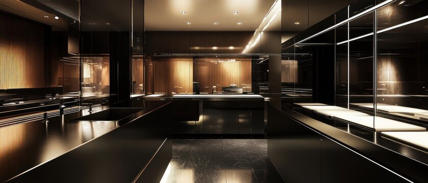 Modern dark wood kitchen interior design sleek black cabinetry warm lighting minimalist style
