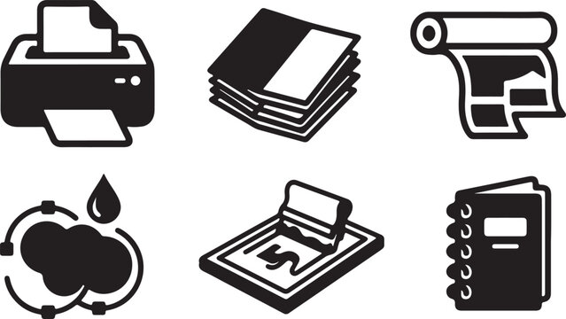 Printing industry and document production icons featuring printer screen print and paper.