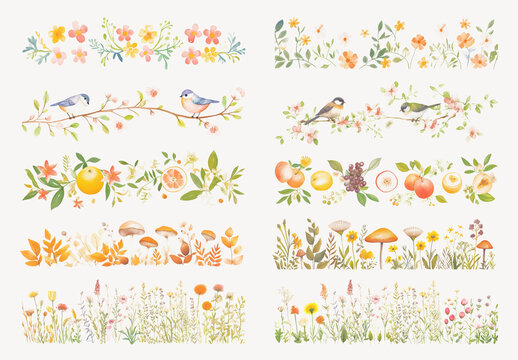 Nature Inspired Floral Decorative Borders Element Design Set