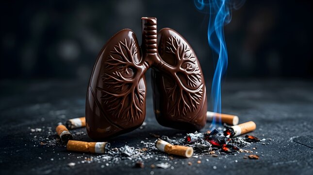 Smoking causes damaged lungs with cigarette butts