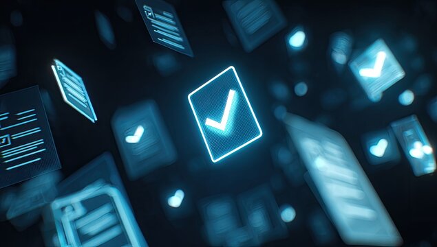 Glowing checkmarks and digital documents float in a dark, abstract space