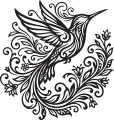 Fototapeta premium Black hummingbird, floral wreath, vector illustration, ornate design, tattoo style