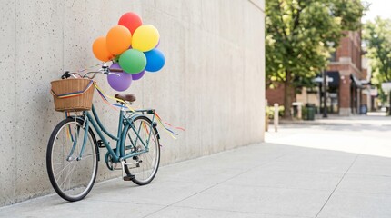 Fototapeta premium Bicycle Decorated with Colorful Balloons on City Sidewalk for Birthday Surprise Photo with Urban Copy Space