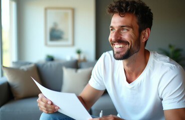 Fototapeta premium Smiling man sits at home holding paper documents. Looks away thoughtfully, perhaps contemplating future plans ideas. Dressed casually, appears relaxed in living space. Represents freelance work