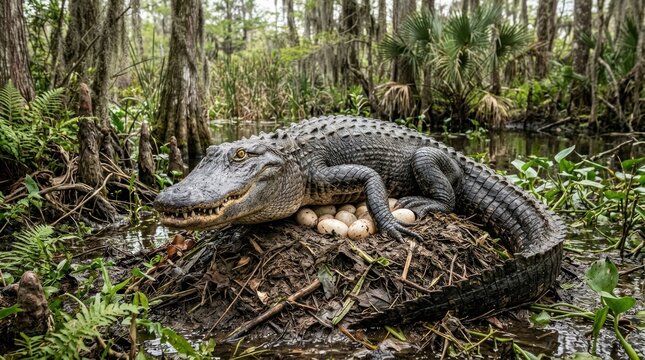 An alligator with eggs on a nest in a swampy area.