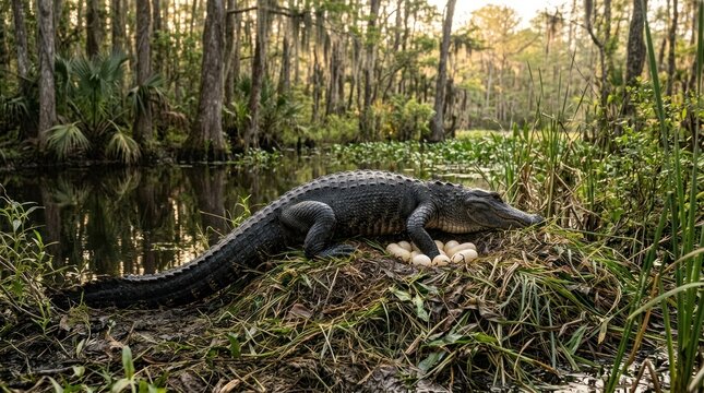 An alligator resting on a nest of eggs in a swampy area with tall grass and trees in the background.