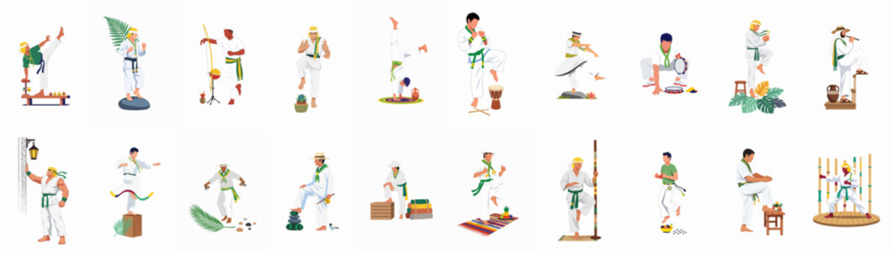 Collection of flat vector illustrations depicting people practicing capoeira and traditional Brazilian martial arts in various dynamic poses on a white background.