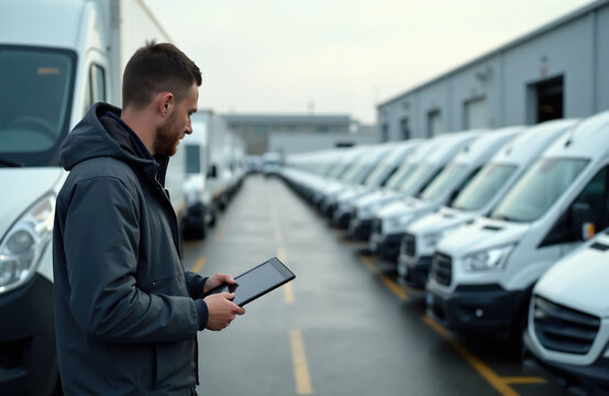 Man checks fleet of white delivery vans with tablet computer. Logistics manager inspects vehicles parked in a row outdoors. Business owner manages transport assets at warehouse.