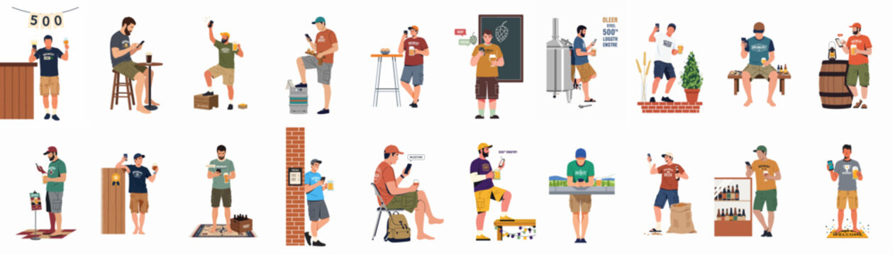 Flat illustration set of men enjoying craft beer at various locations while using a smartphone app to log their drinks and milestones.