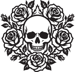 Fototapeta premium Black and white skull, floral wreath, roses, vector illustration, tattoo design, skull art