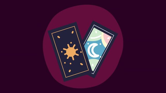 Animated tarot cards with sun and moon symbols on dark purple background for divination and astrology.