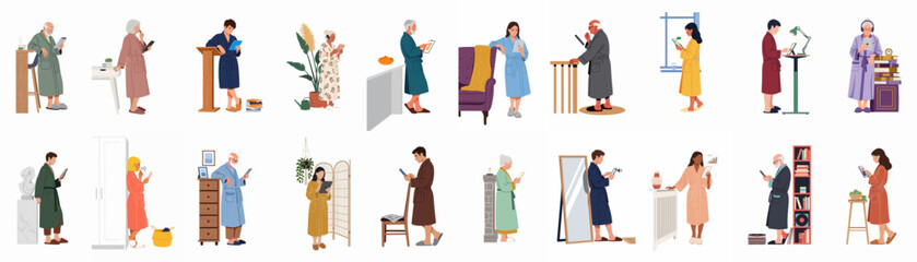 Vector illustration of diverse people in bathrobes using digital devices at home, featuring men and women of all ages in various domestic settings. © Juan