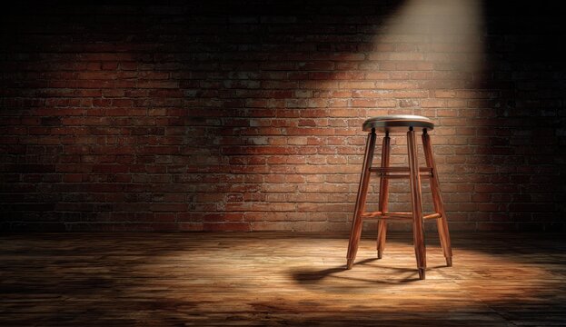 Wooden stool bathed in spotlight against brick wall and floor