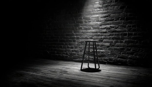 Single stool illuminated by spotlight against a dark brick wall