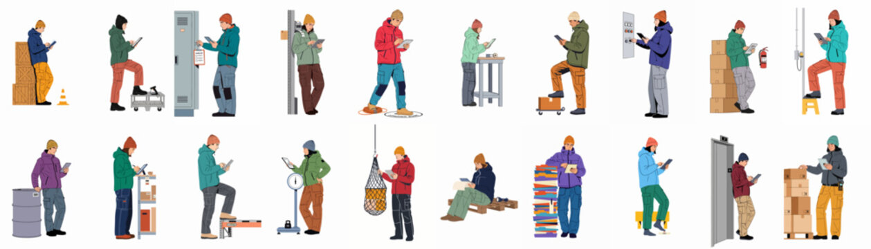 Flat illustration set of diverse warehouse workers in winter gear using digital tablets for inventory management and logistics tasks in a storage facility.