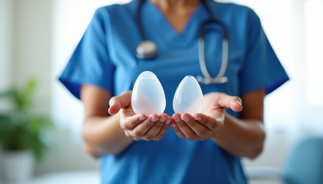 Surgeon shows two breast implants in hand. Medical consultation for plastic surgery. Doctor compares silicone implant sizes for body augmentation procedure.