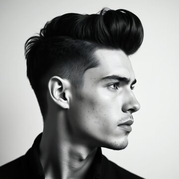 Young man with stylish quiff hairstyle, side profile. Textured hair swept up, undercut sides. Clean skin, focused gaze, subtle facial hair. Fashionable male portrait, elegant. Minimalist studio shot.