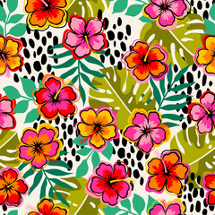 Colorful hibiscus and tropical leaf seamless pattern for summer holidays background. © NTRdesign